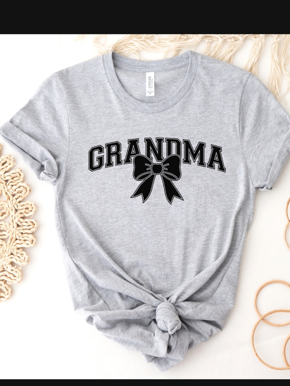 Gildan Heather Gray "Grandma" Short Sleeve Tee with Black Bow